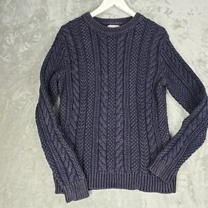 Wallace & Barnes J Crew Chunky Cable Knit Crewneck Sweater Small Blue Fisherman